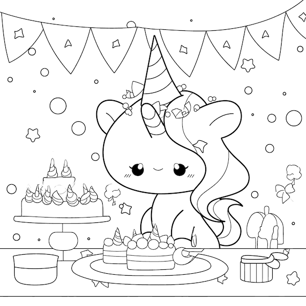 Premium vector unicorn black and white coloring page for kids and adults line art simple cartoon style happy cute and funny