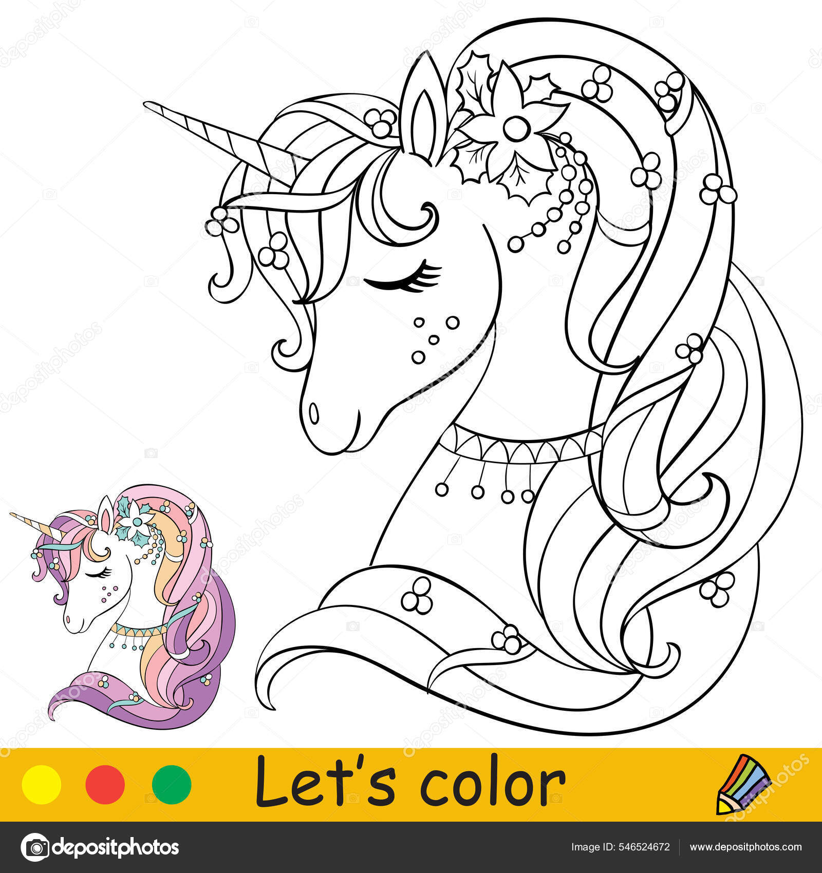 Cute unicorn head flower coloring book page color template vector stock vector by alinart