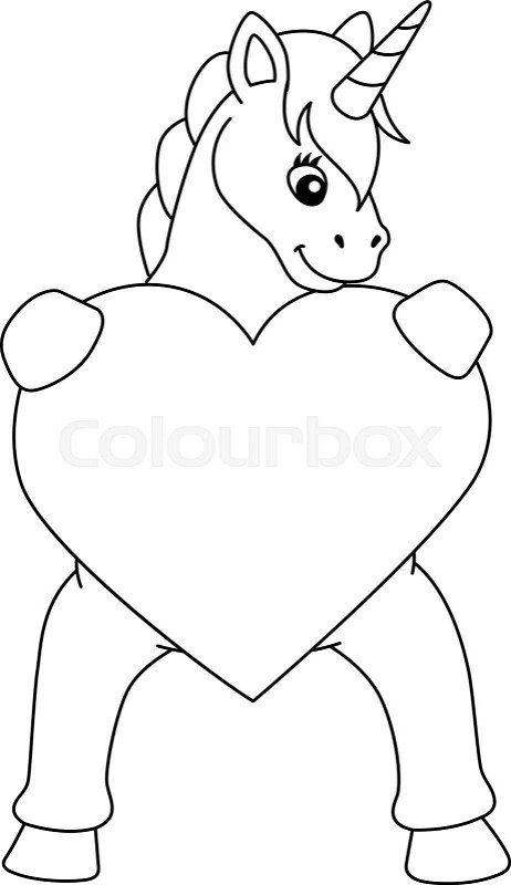 Unicorn hugging a heart coloring page isolated stock vector