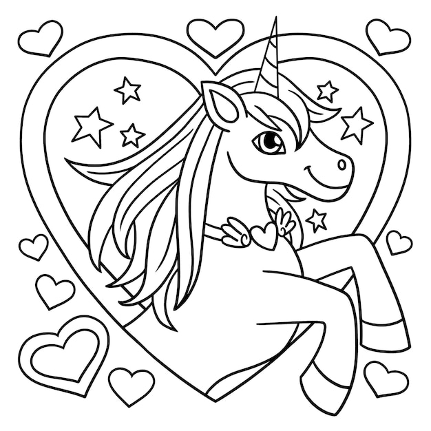 Premium vector unicorn with a heart coloring page for kids