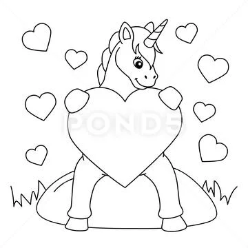 Unicorn hugging a heart coloring page for kids graphic