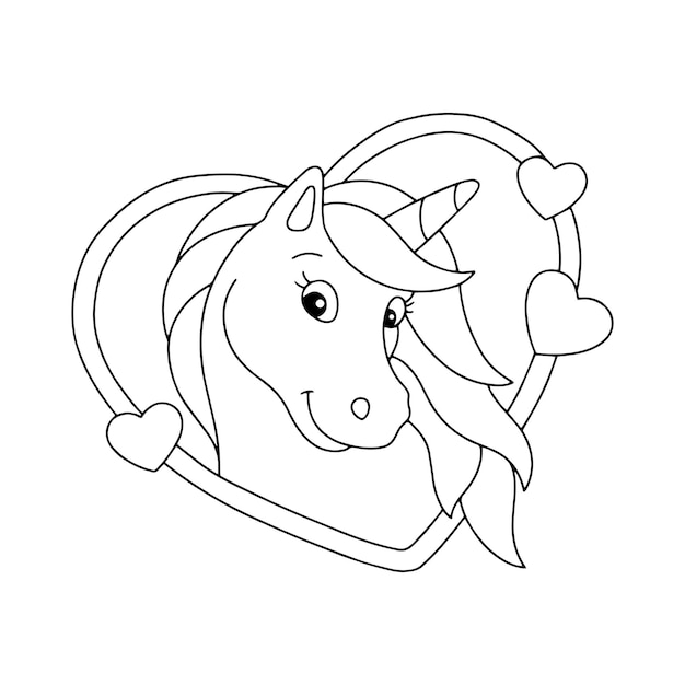 Premium vector cute unicorn in a heart shaped frame coloring book page for kids