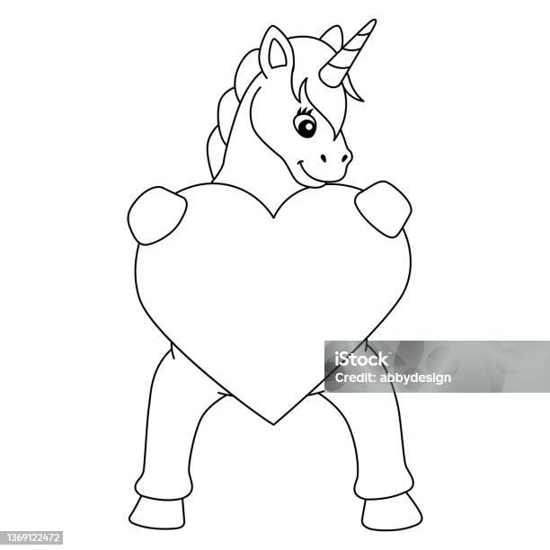 Unicorn hugging a heart coloring page isolated stock illustration