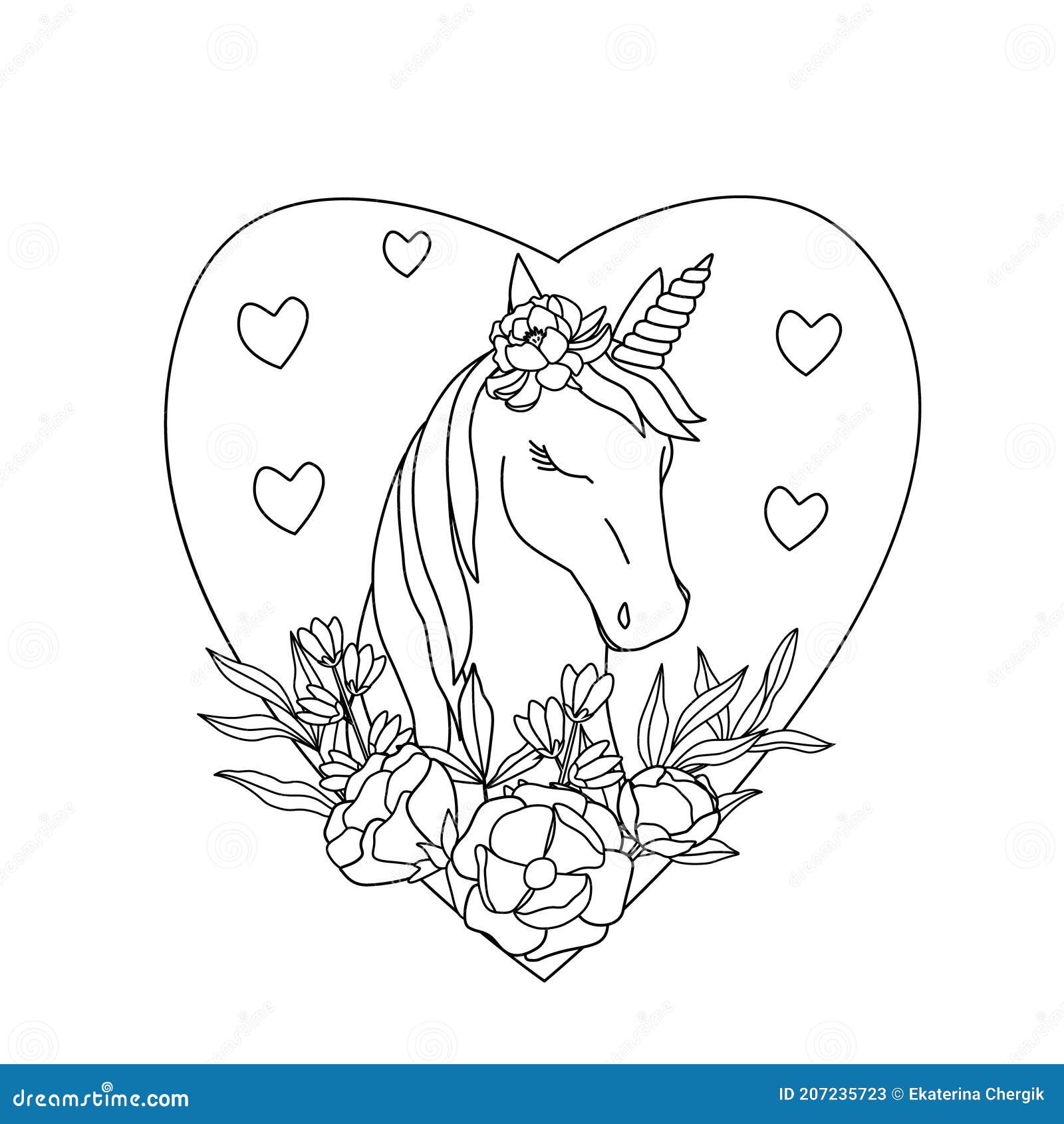 Coloring book with beautiful unicorn with flowers stock vector