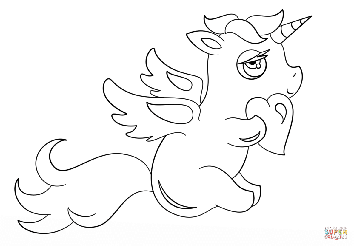 Chibi unicorn with heart coloring page free printable coloring pages