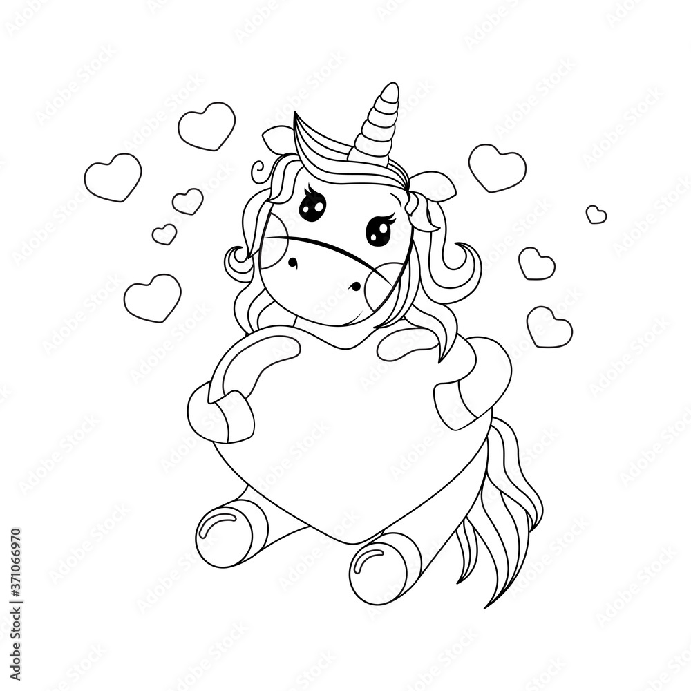Line icone cute unicorn holding a red heart coloring book for children and adults antistress vector
