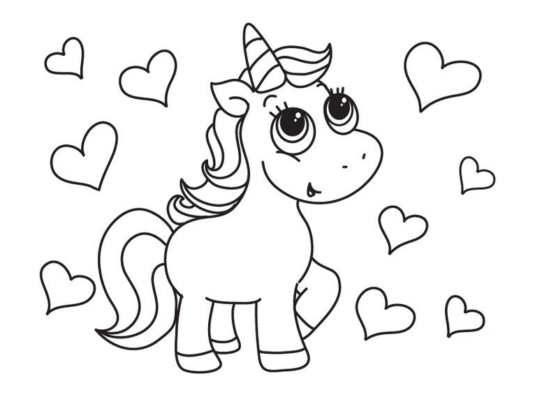 Unicorn coloring and heart coloring page