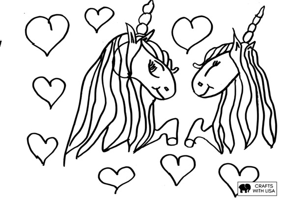 Unicorn love hearts coloring page