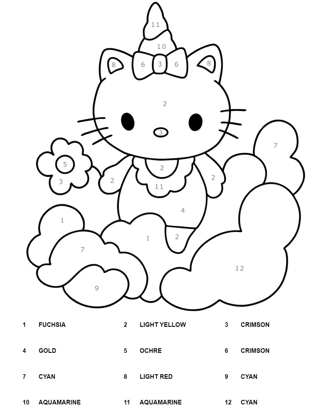 Unicorn hello kitty color by number fãrbung seite