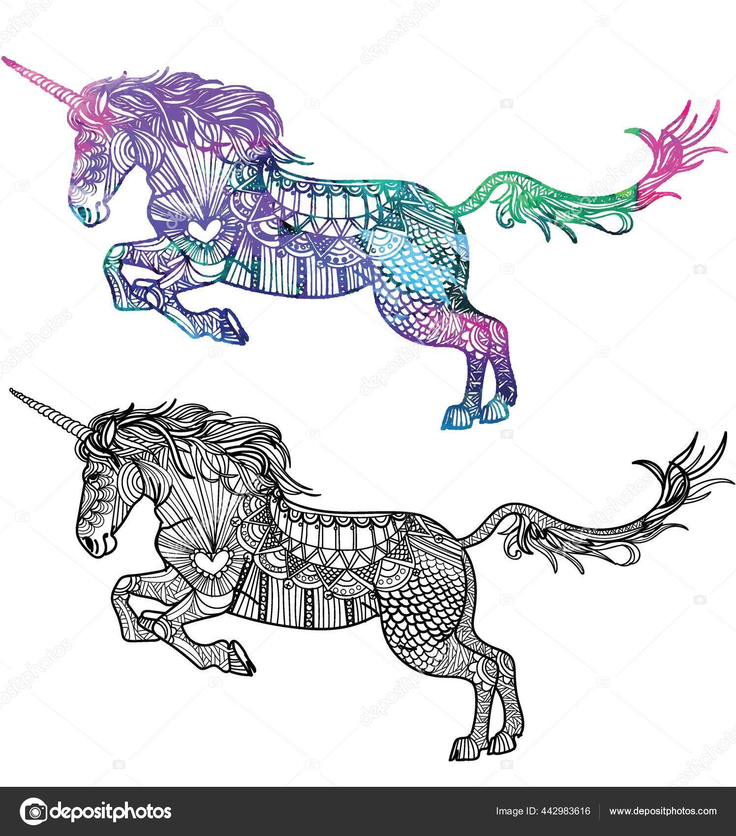 Unicorn dudling coloring horse horn running freehand drawing points spots stock vector by rantgoi