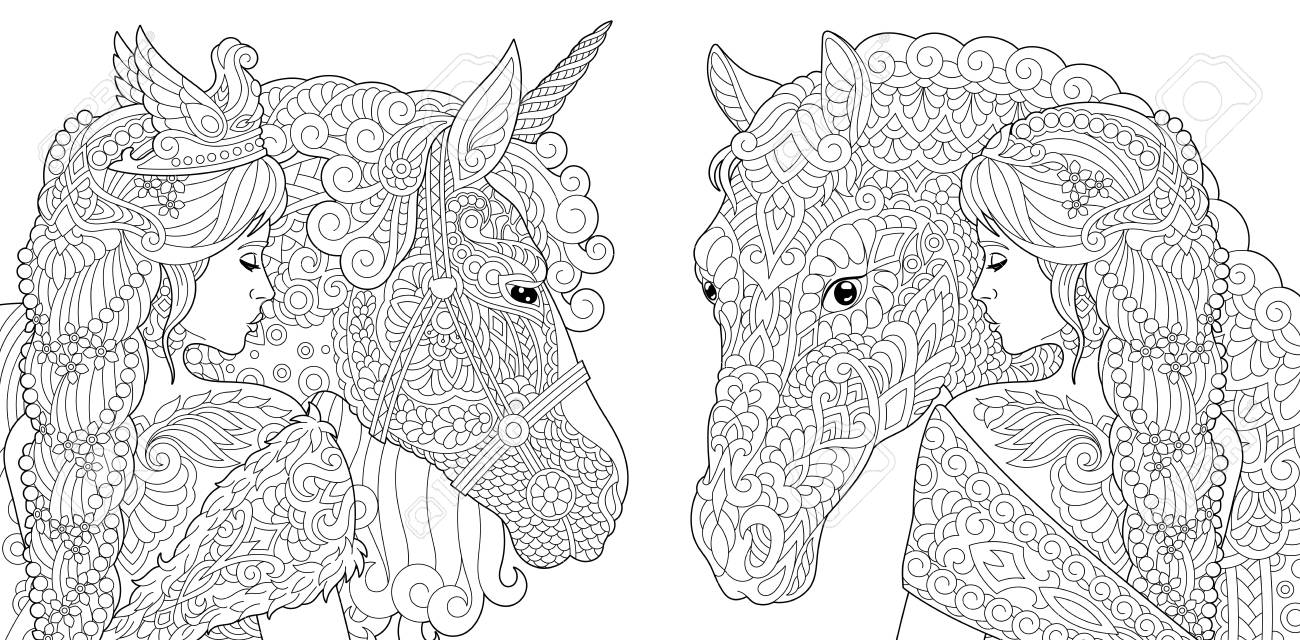 Coloring pages coloring book for adults colouring pictures with fantasy girl and unicorn horse drawn in style vector illustration royalty free svg cliparts vectors and stock illustration image