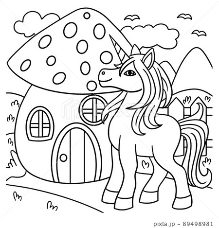 Unicorn in front of mushroom coloring page