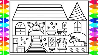 How to draw a unicorn house for kids ðððððunicorn house drawing and coloring page for kids