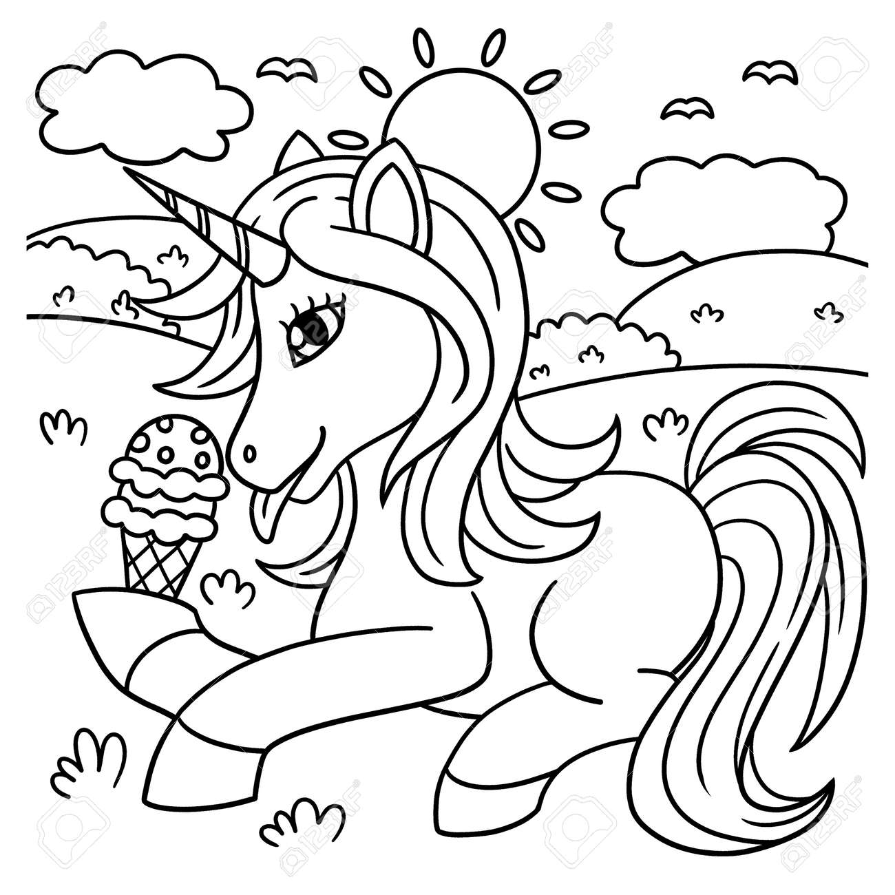 Unicorn eating ice cream coloring page for kids royalty free svg cliparts vectors and stock illustration image