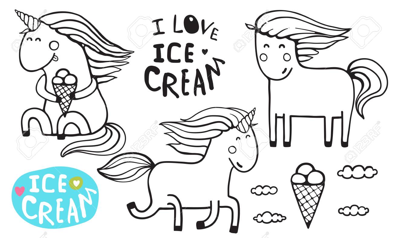 Unicorn ice cream outline coloring page stock photo picture and royalty free image image