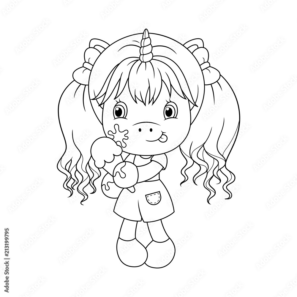 Cute baby unicorn holding ice cream coloring page for girls vector vector