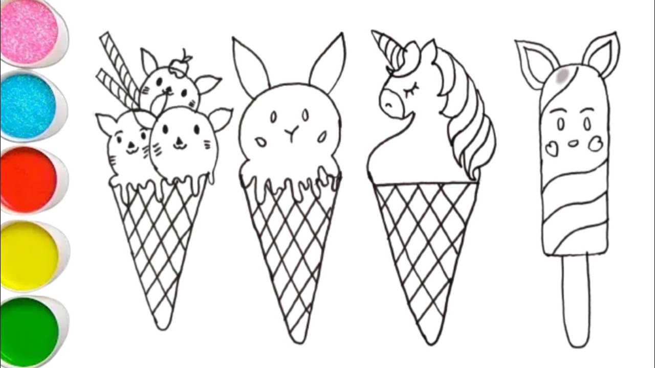 How to draw icecreas unicorn hello kitty bunny pig icecrea cone drawing coloring for kids