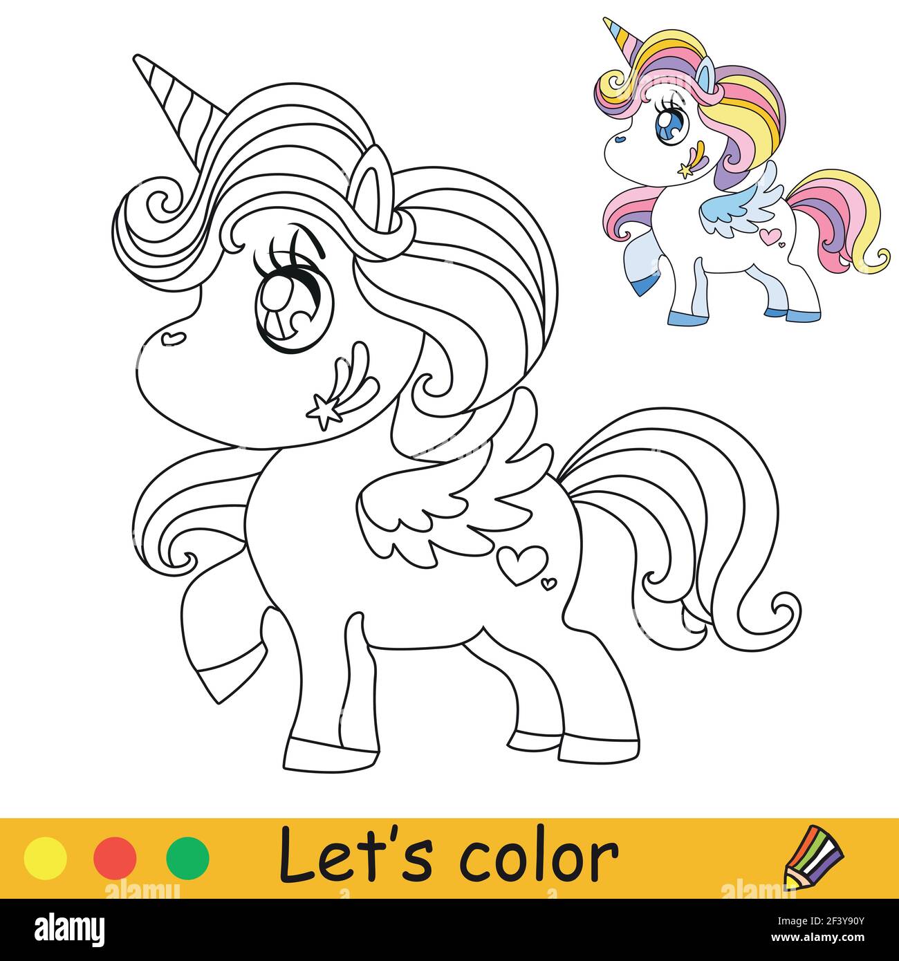 Cute kawaii unicorn with rainbow mane coloring book page with colorful template vector cartoon illustration isolated on white for coloring bookpre stock vector image art