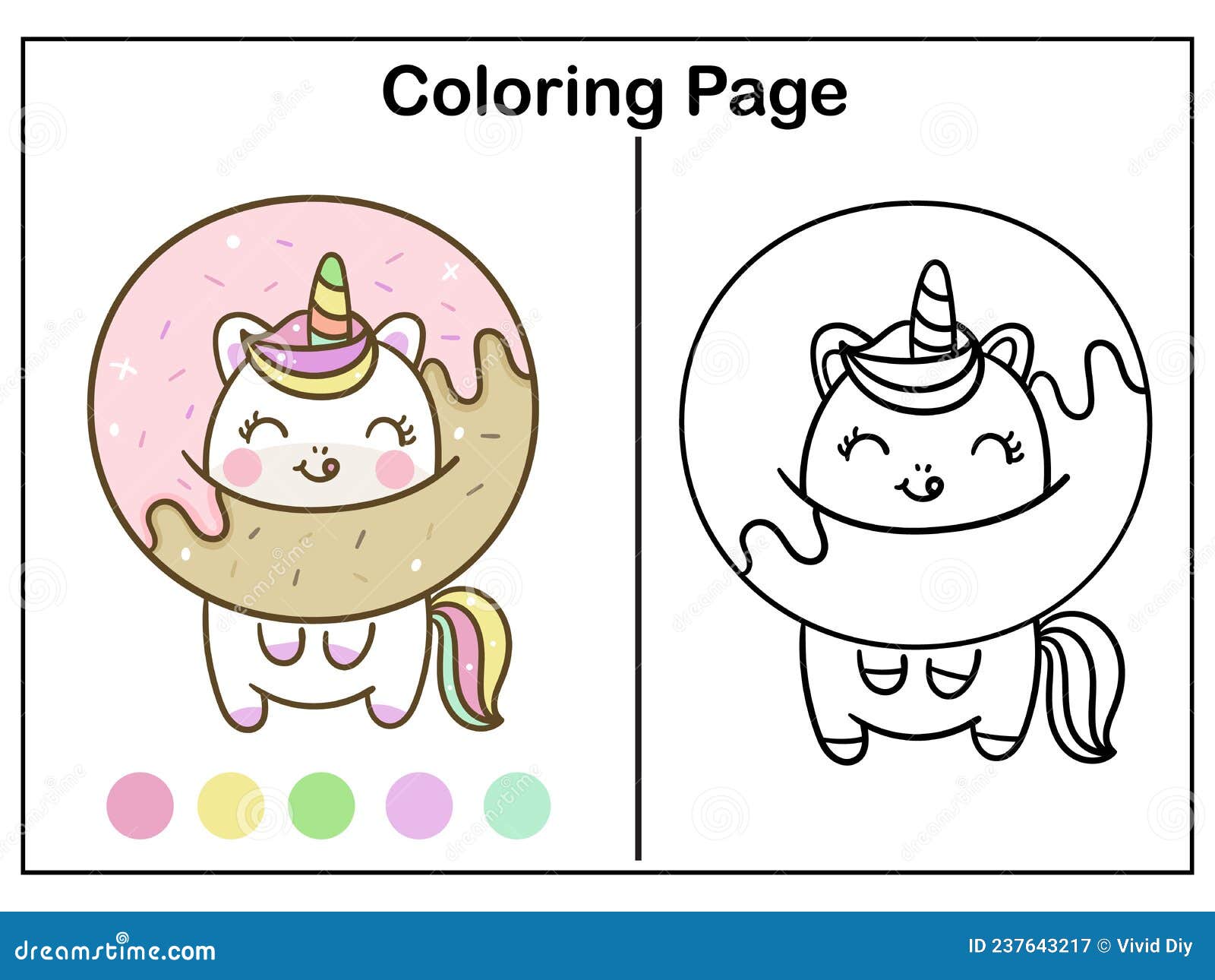 Coloring book pages cute unicorn cartoon with sweet donut kawaii vector animal horn horse fairytale illustration stock vector