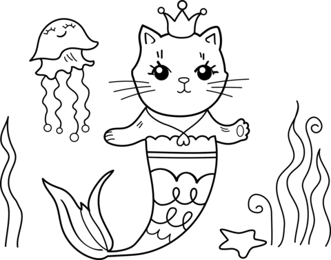 Mermaid kitty coloring page free printable coloring pages