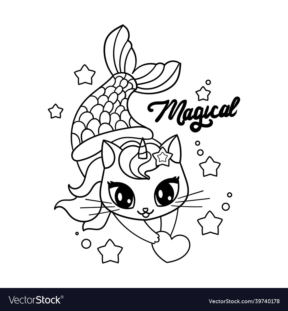 Cute cat mermaid unicorn black and white outline vector image