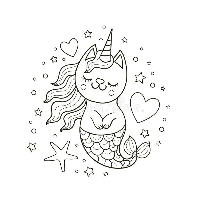Cat mermaid unicorn line stock vector illustration of nautical