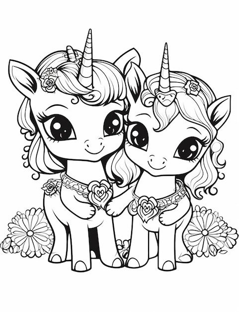 Premium ai image a coloring page of two cute unicorns with flowers and flowers generative ai