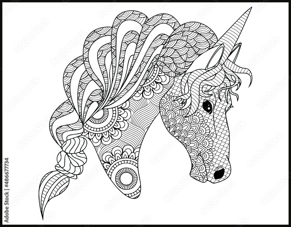 Unicorn mandala vector and coloring page doodle stylized unicorn head vector