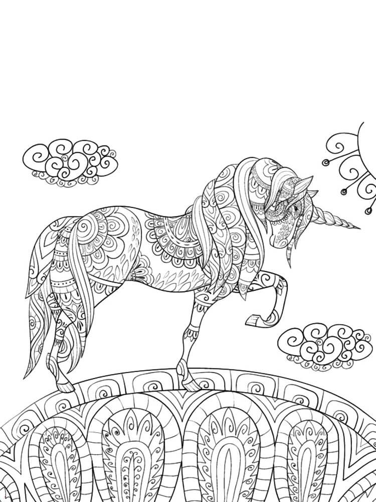 Unicorn with clouds mandala coloring page