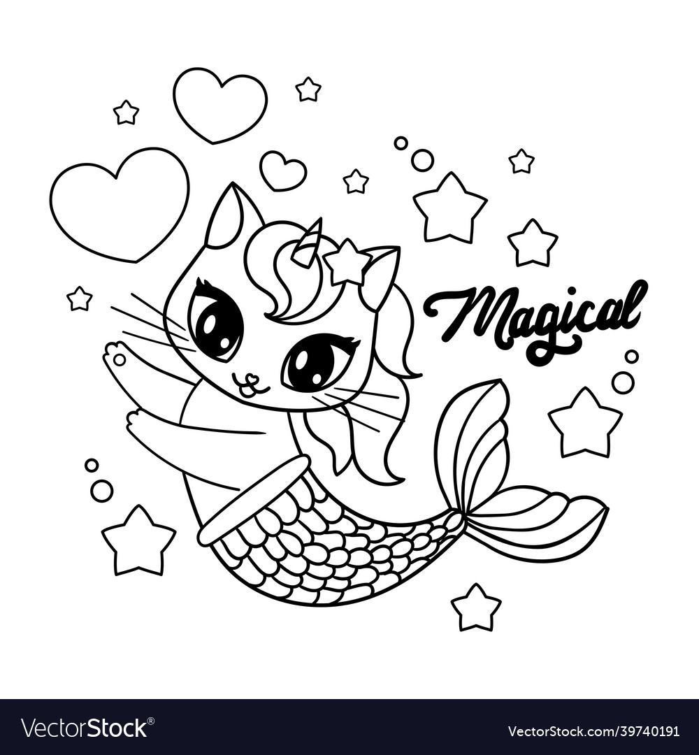 Cute cat mermaid unicorn black and white outline vector image