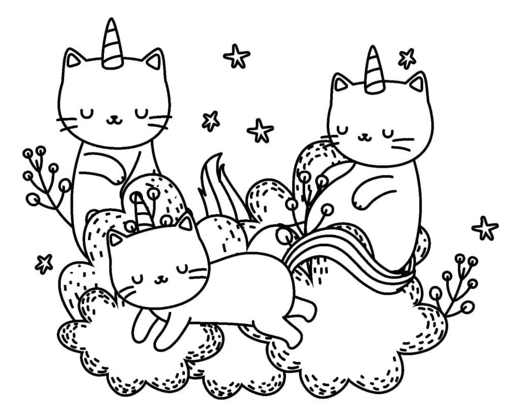 Three unicorn cats coloring page