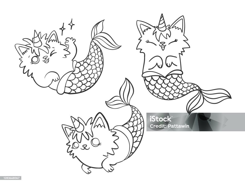 Set of hand drawn mercaticorn cute cartoon mermaid cat with unicorn horn in different poses on isolated on white background linear vector illustration cartoon doodle style stock illustration
