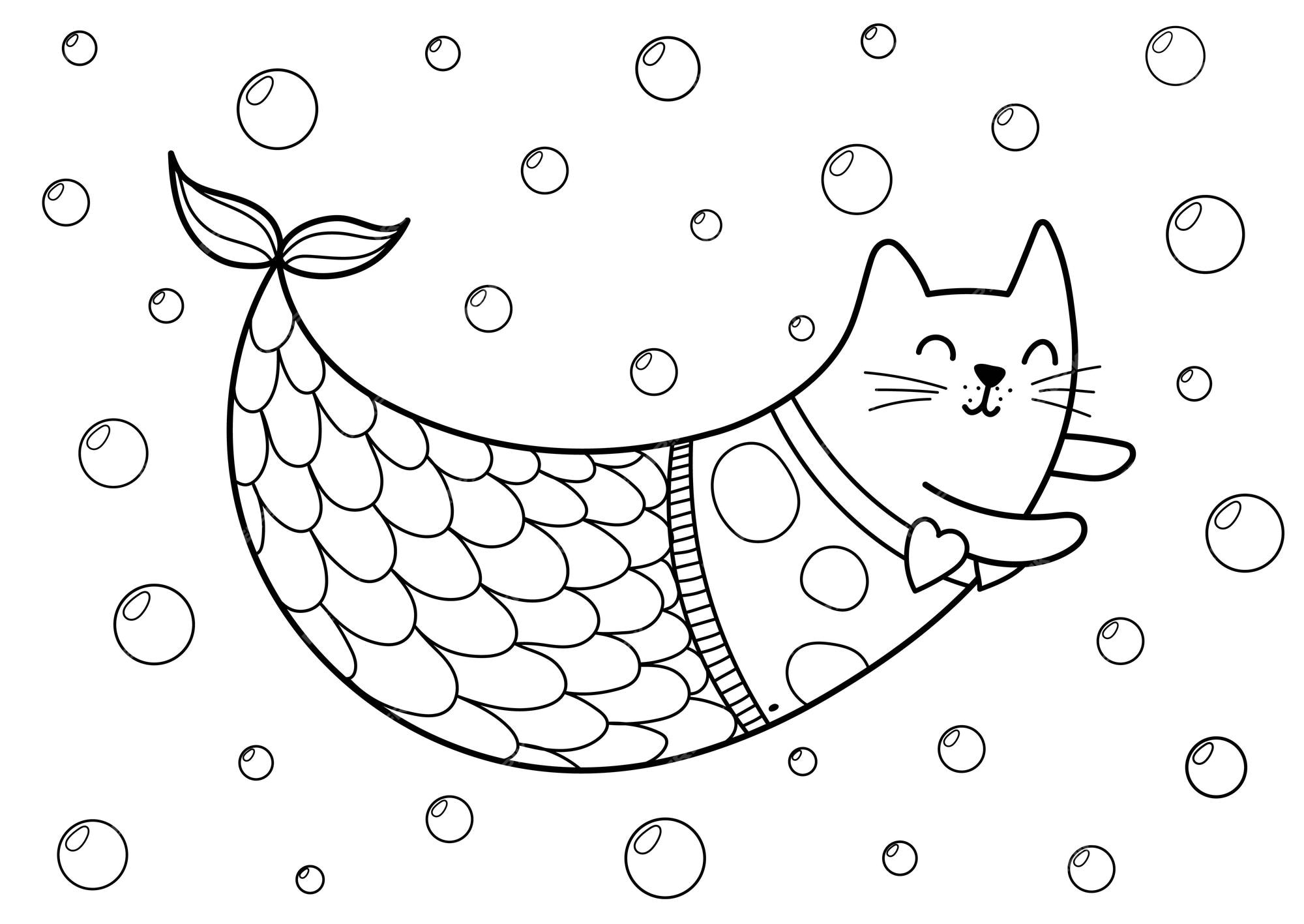 Premium vector funny mermaid cat underwater coloring page sea character black and white print for kids