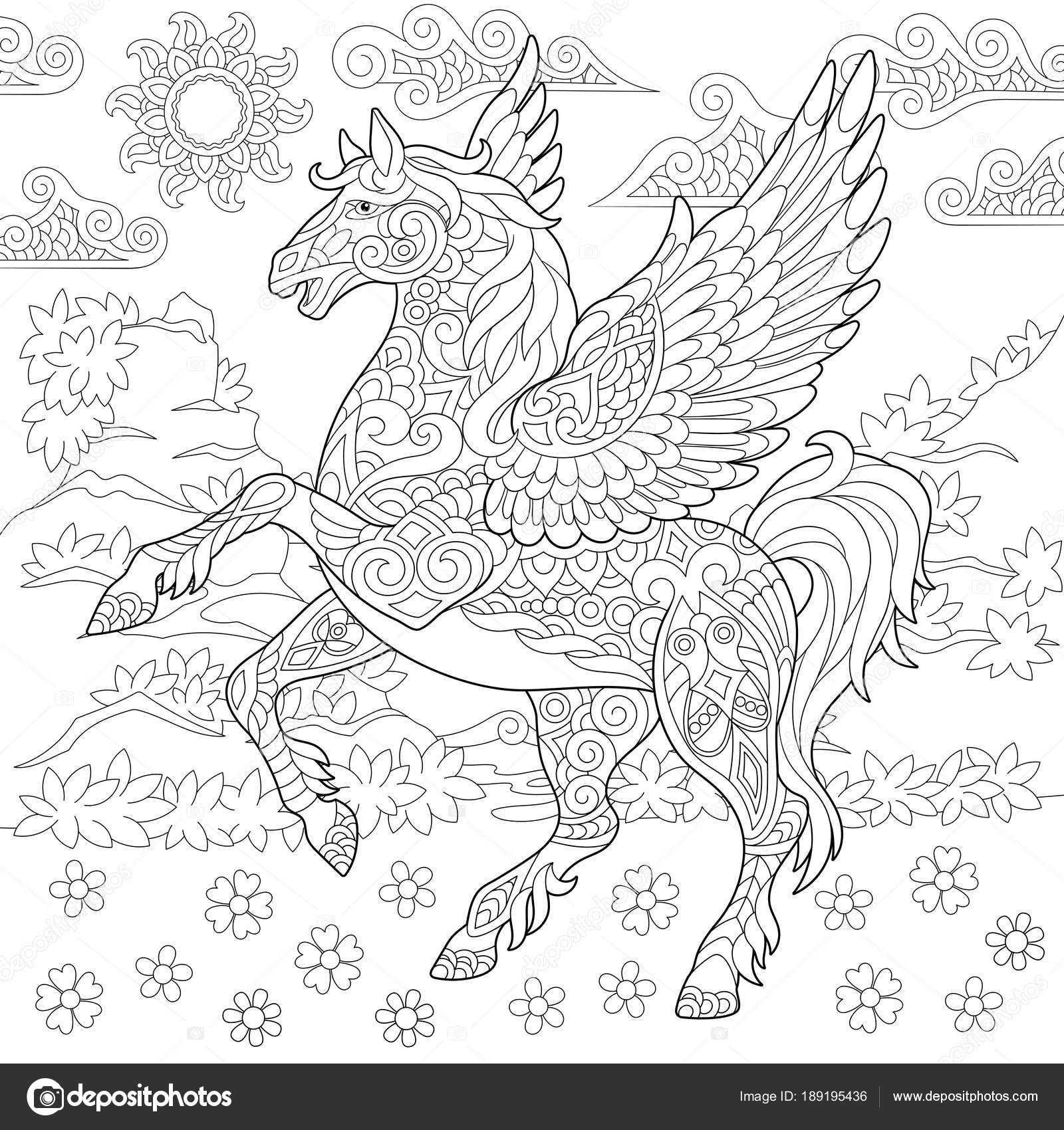 Zentangle pegasus horse stock vector by sybirko
