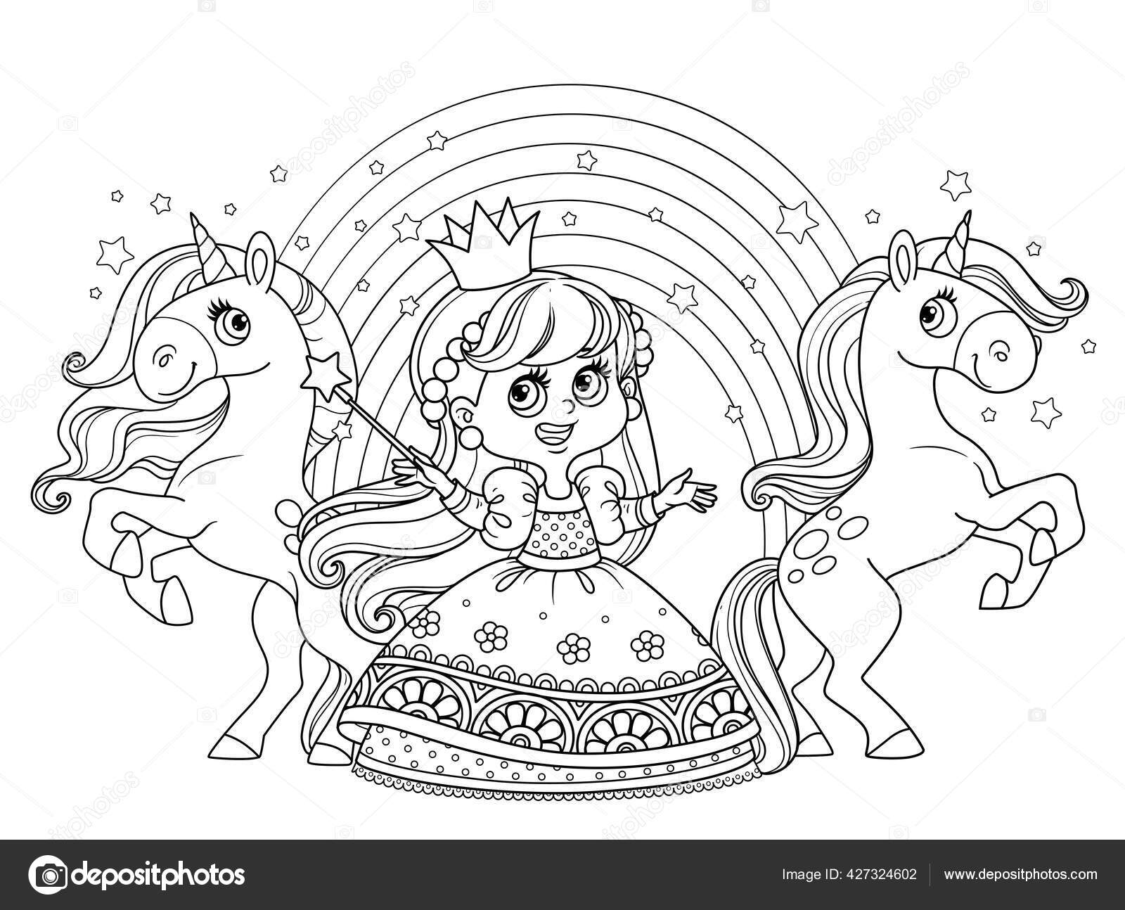Cute princess ball dress unicorns rainbow outlined coloring book stock vector by yadviga