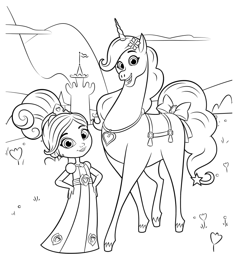 Kind unicorn and a princess coloring page