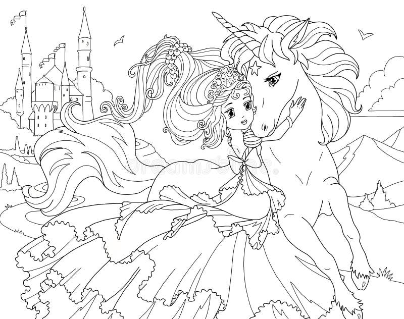 Coloring page the unicorn and princess stock illustration
