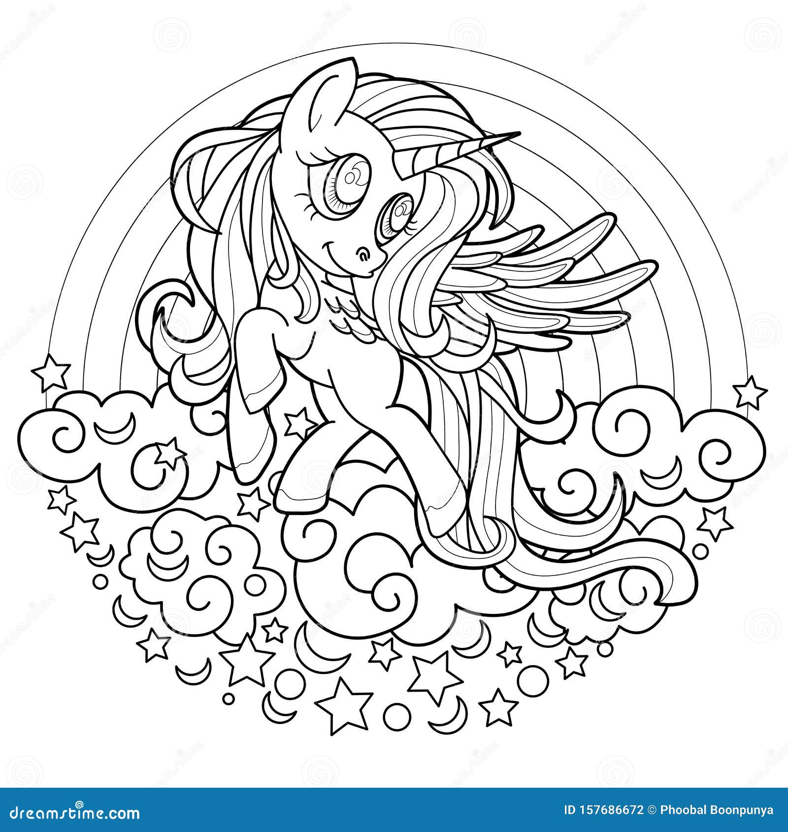 Black line cute rainbow unicorn for coloring book or page black and white stock vector