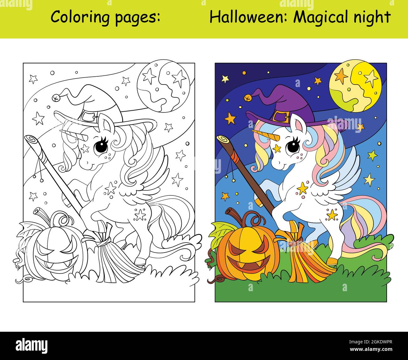 Cute unicorn witch with a broom halloween concept coloring book page for children with colorful template vector cartoon illustration for education stock vector image art