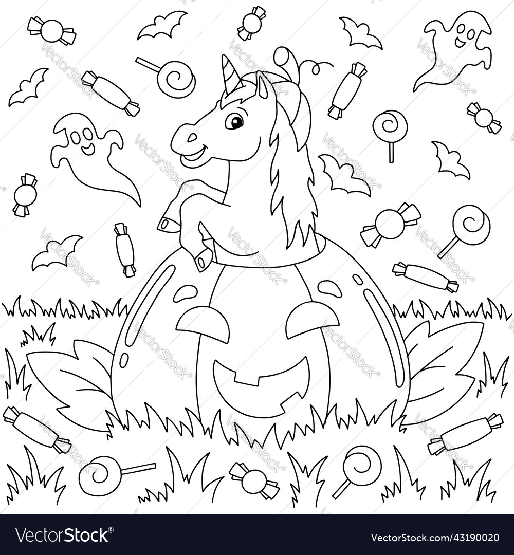 Funny unicorn jumping out of a pumpkin royalty free vector