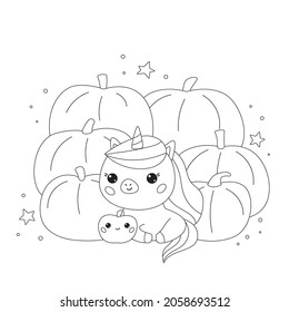 Halloween coloring page cute unicorn pumpkins stock vector royalty free