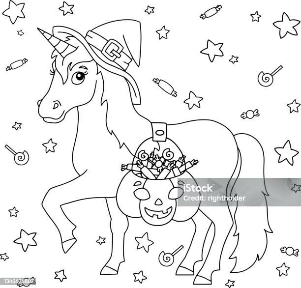 The witch rides a unicorn coloring book page for kids cartoon style character vector illustration isolated on white background halloween theme stock illustration