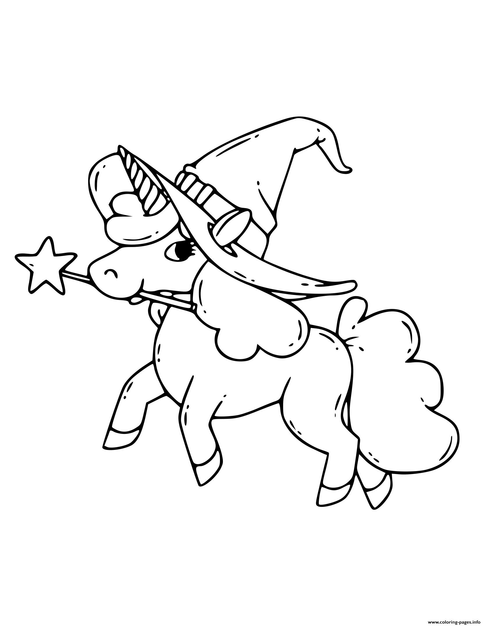 Unicorn halloween magic hat coloring page printable