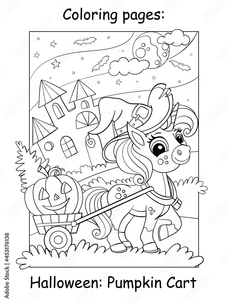 Coloring book page cute unicorn driving halloween pumpkin vector