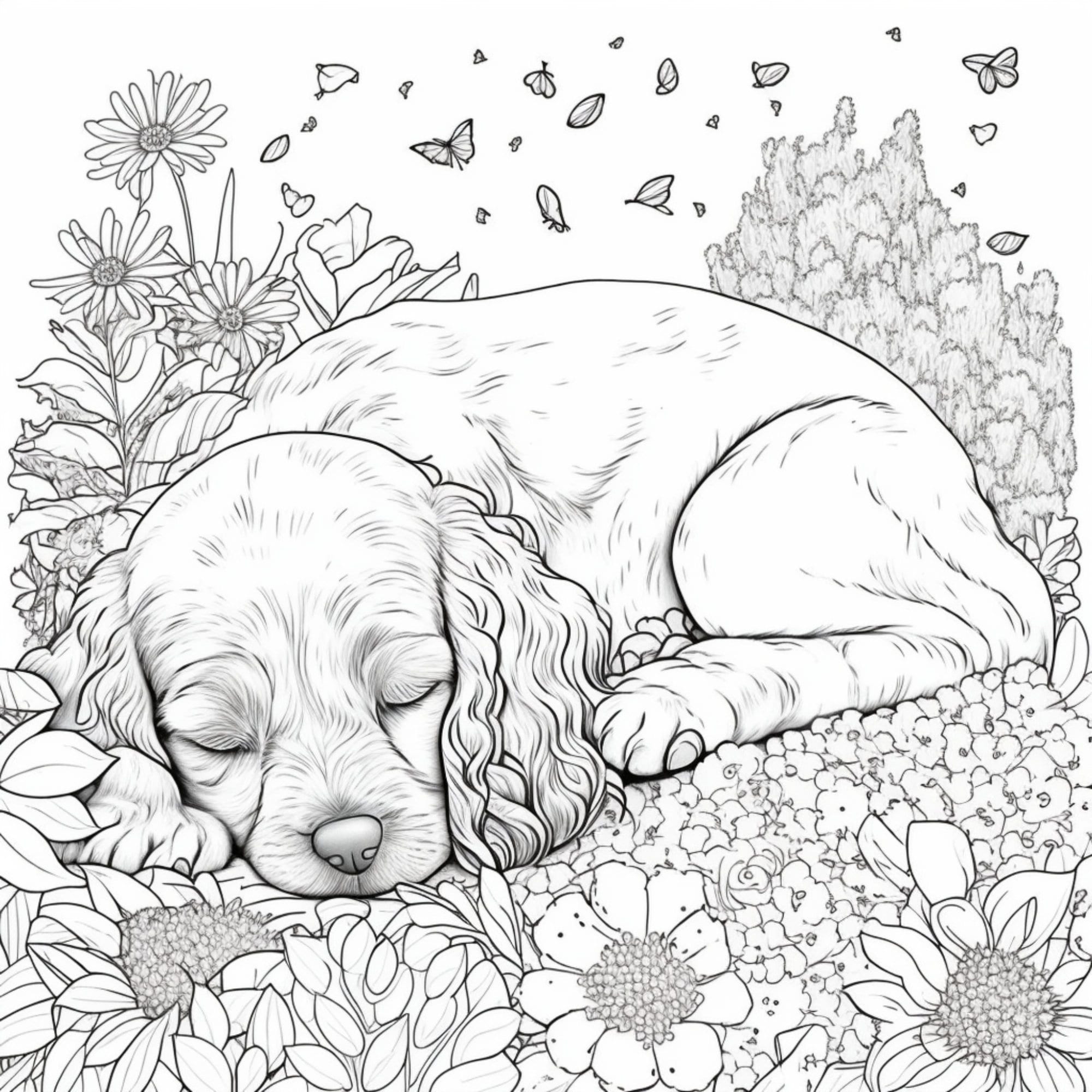 Printable sleeping puppies coloring pages for kids and adults digital download pdf