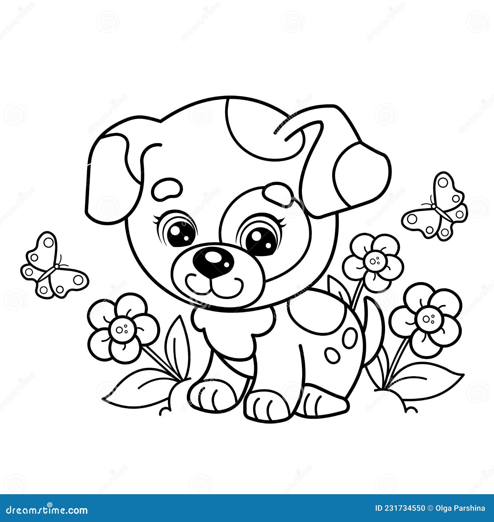 Coloring page outline of cartoon little dog on flower clearing cute puppy with butterfly pet stock vector