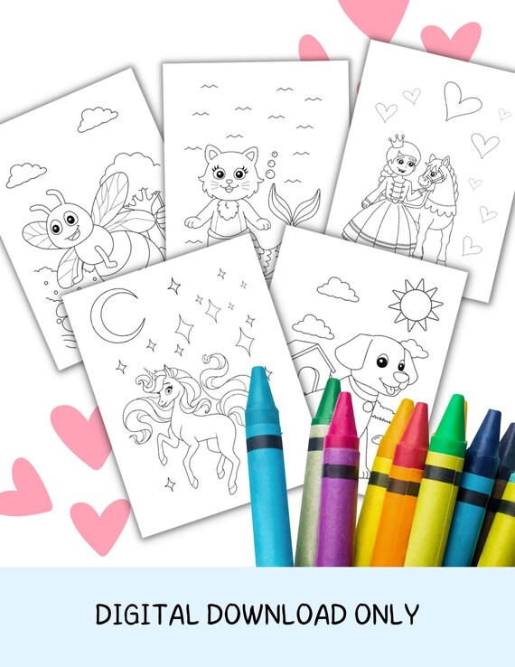 Coloring page printables child birthday games printable coloring pages birthday party digital includes unicorn puppy kitty and more