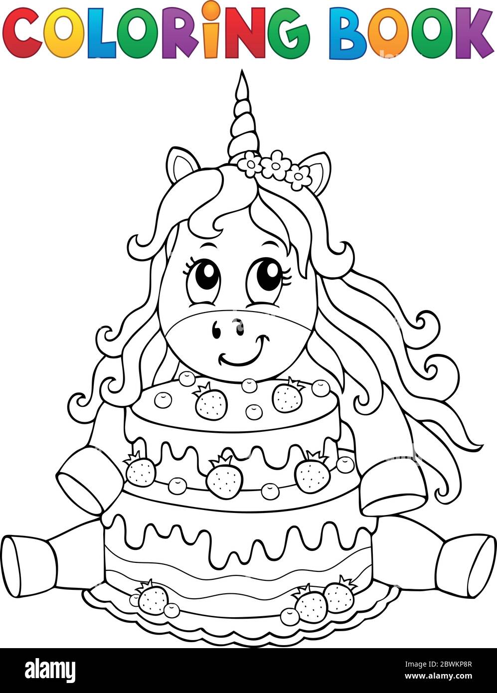 Coloring book unicorn with cake