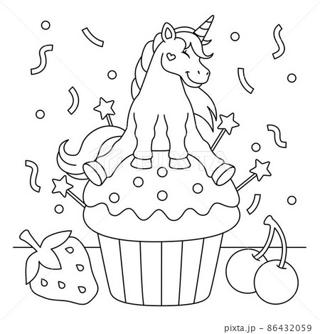 Unicorn sitting on a cupcake coloring page