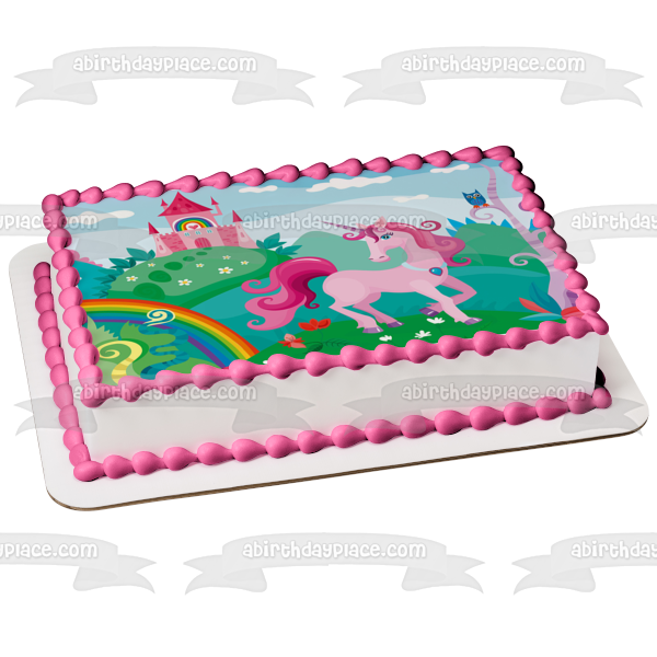 Unicorn with rainbow coloring book pink castle edible cake topper imag â a birthday place